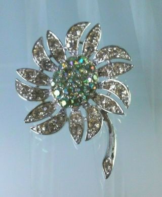 Sarah Coventry Vintage Silver Pin Brooch Flower Clear Rhinestone Aurora Borealis 2