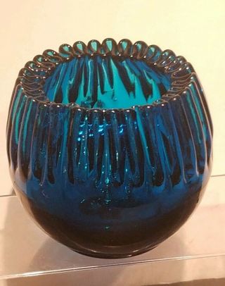Vintage Hand Blown Ribbon Glass Cobalt Blue Rose Bowl.  Nr