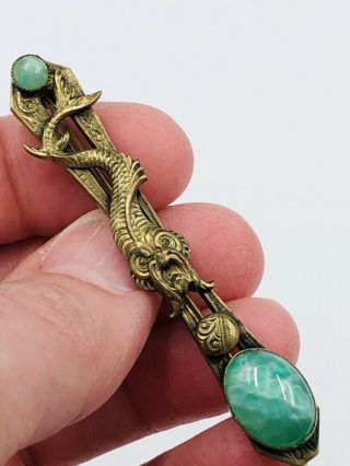 Vintage Brass Tone Green Peking Glass Asian Motif Fish Or Serpent Brooch