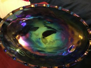 Vintage Iridescent Blue Indiana CARNIVAL GLASS Footed Oval Fruit Bowl 12 