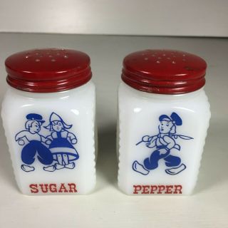 Vintage Milk Glass Dutch Sugar & Pepper Shakers With Red Lids