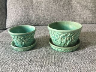 Small Vintage Mccoy Flower Pots With Attached Saucers Teal Blue Green