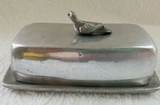 Vintage Metal Butter Dish Cover Bird Sculpture Silver Thick Decorative