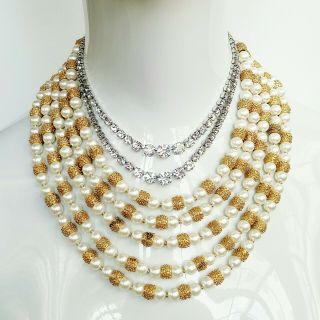 Vintage Pair Trifari Necklaces 2 Strand Prong Rhinestone & 5 Strand Gold/pearls