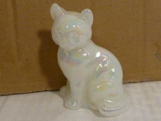 Vintage Fenton Glass Opal White Pearlescent Iridized Sitting Cat Kitty Figurine