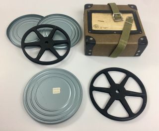 2 - 8” 8mm Film Reels In Case With Vintage Mailing Box Container
