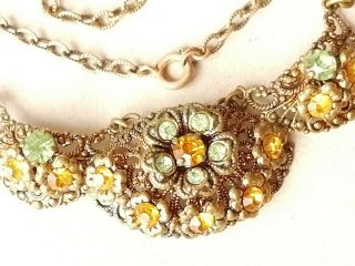 Vintage Jewellery Goldtone Filigree Yellow And Green Necklace