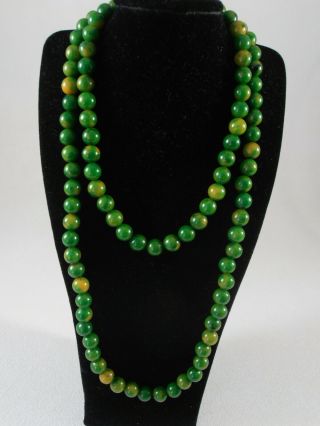 Vtg Art Deco Marbled Green Bakelite Round Bead Necklace Spinach Moss 36”