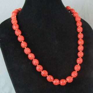 Chinese Cinnabar Carved Bead Necklace Vintage 14.  6mm Beads 27 " 58.  4g