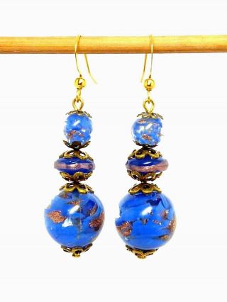 Vintage Venetian Blue Sommerso Glass Bead Earrings To Match 1950s Necklace