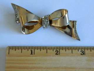 Vintage Large Signed Sterling Gold Wash Bow Rhinestone Brooch Pin