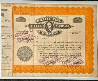 Vintage Stock Cert Hamilton Fire Insur 1927 Ny & Us 2& 10 C,  10 Transfer Stamps