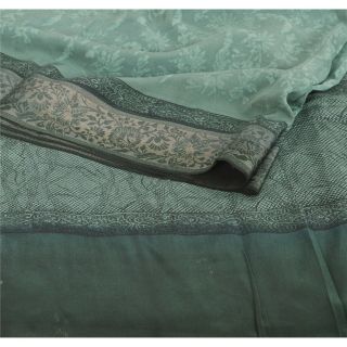 Sanskriti Vintage Green Saree 100 Pure Crepe Silk Printed Sari Decor Fabric 2