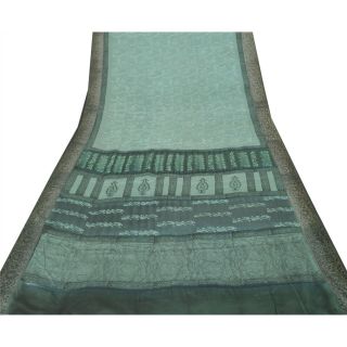 Sanskriti Vintage Green Saree 100 Pure Crepe Silk Printed Sari Decor Fabric 3