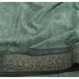 Sanskriti Vintage Green Saree 100 Pure Crepe Silk Printed Sari Decor Fabric 5