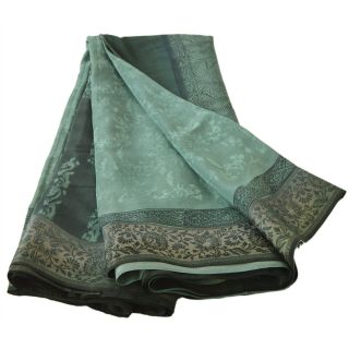Sanskriti Vintage Green Saree 100 Pure Crepe Silk Printed Sari Decor Fabric 6