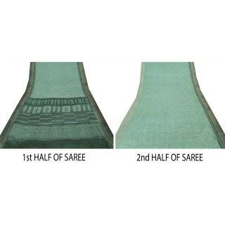Sanskriti Vintage Green Saree 100 Pure Crepe Silk Printed Sari Decor Fabric 7