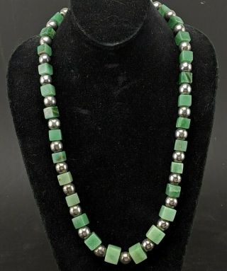Vintage Taxco Mexico Sterling Silver Jade Cube Bead Necklace Ts 49