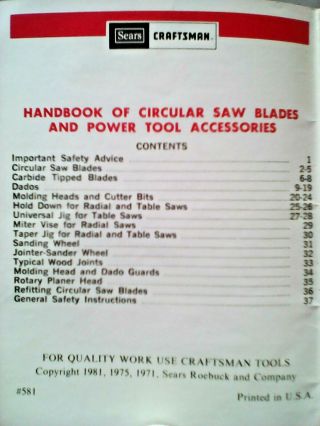 1971 - 81 Sears Craftsman Handbook Circular Saw Blades,  Power Tool Vintage brochure 2