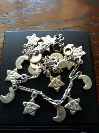 Vintage 10 " Sterling Silver Anklet Charm Bracelet Chain Moon Stars Italy 10 Gram
