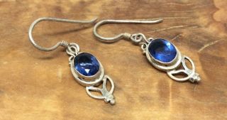 Vintage Sterling Silver Bezel Set Faceted Royal Blue Crystal Drop Earrings