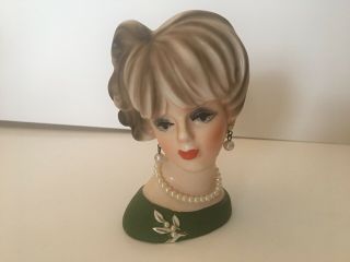 Vintage Napco Head Vase C 7471 Green Dress Pearl Necklace and Earrings 4 1/2 
