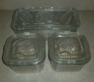 Set Of 3 Vintage Fire King Clear Glass Refrigerator Loaf Pan Dish W/ Lid Ribbed