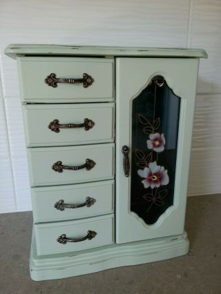 Vintage Green Painted Wood Jewelry Box - Upcycled Shabby Chic Cottage Style