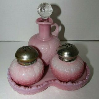 Vtg Challinor Pink Forget Me Not Cruet & Shaker Set With Tray Muffineer