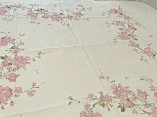 Vtg Table Cloth Linen Luther Travis Signed Pink Floral Cottage Chic Mcm 48 " X50 "