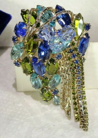 Vtg Posh Juliana Shades Of Blue/green Rs Applied Bead Crystals Dangle Brooch Pin