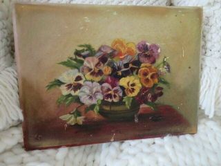 Gorgeous Old Vintage Floral Oil Painting Pansies Flowers On Canvas Panel