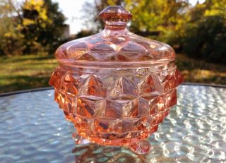 Vintage Pink Depression Glass Cube Diamond Quilted Pattern Jar With Lid Footed