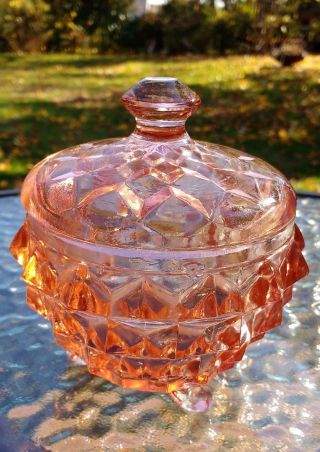 Vintage Pink Depression Glass Cube Diamond Quilted Pattern Jar with Lid Footed 2