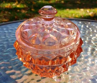 Vintage Pink Depression Glass Cube Diamond Quilted Pattern Jar with Lid Footed 3