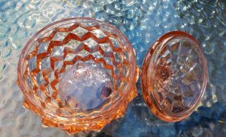 Vintage Pink Depression Glass Cube Diamond Quilted Pattern Jar with Lid Footed 5