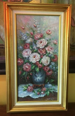 Stunning Vintage Pink Red Roses Oil Painting Gold Frame Signed Wow
