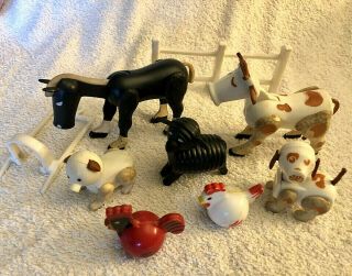 Vintage Fisher Price Farm Animals Chickens Dog Black Sheep Pig Horse Cow 915