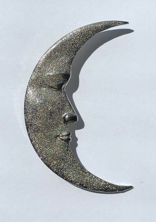 Vintage Unsigned Brushed Silvertone Man In The Moon Brooch/pin Large Asleep:)