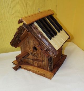 Cedar Wood Bird House Handmade W/ Real Vtg Piano Keys Rustic Decor
