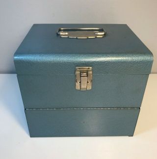 Vintage Logan Blue Steel 8mm Metal Film Reel Deluxe Storage Box - Holds Twelve