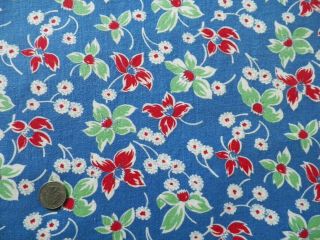 Vtg Blue Feedsack Red Green Novelty Flower Cotton Quilt Doll Fabric 37 " X 42 "