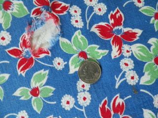 Vtg Blue Feedsack Red Green Novelty Flower Cotton Quilt Doll Fabric 37 