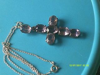 Vintage Ornate Silver And Amethysts Large Cross On Chain