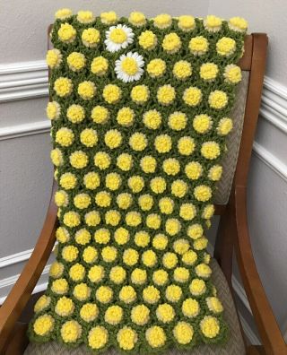 Vtg Handmade Yellow Green 3d Raised Floral Crocheted Afghan 47x34 Heavy Crochet