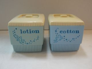 Vtg Baby Vanity Nursery Storage Boxes Clarolyte Usa Cotton & Lotion Blue & Gree