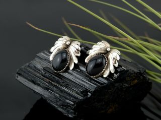 Vtg Sterling Silver Signed Navajo Onyx Large Stud Earrings