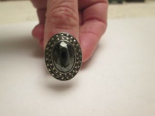 Sterling Silver Vintage Faceted Black Rhinestone/onyx Marcasite Cocktail Ring 7