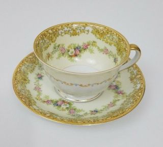 Vintage Noritake Loyalo Footed Cup And Saucer Floral China Tea Set Gold Pink