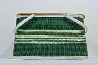 Vintage Redmon Green Picnic Basket Wicker Wood Woven White Handles Redman